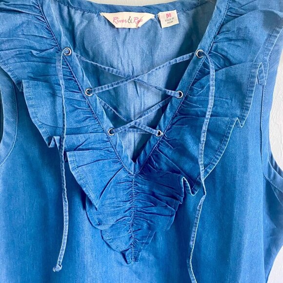 River & Rose Denim Lace up Ruffle Sleeveless Dress with Pockets Medium - Picture 5 of 10